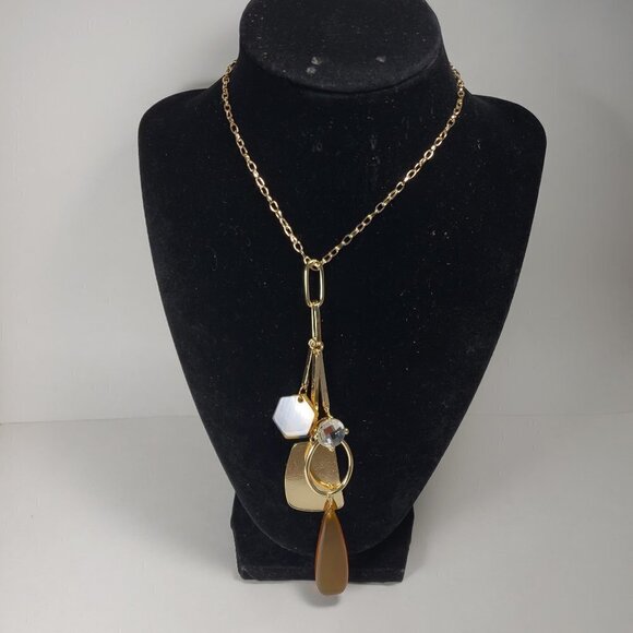 32" Polished Gold tone Chain Necklace with 4.5" multiple charms Dangle Pendant - Picture 1 of 13